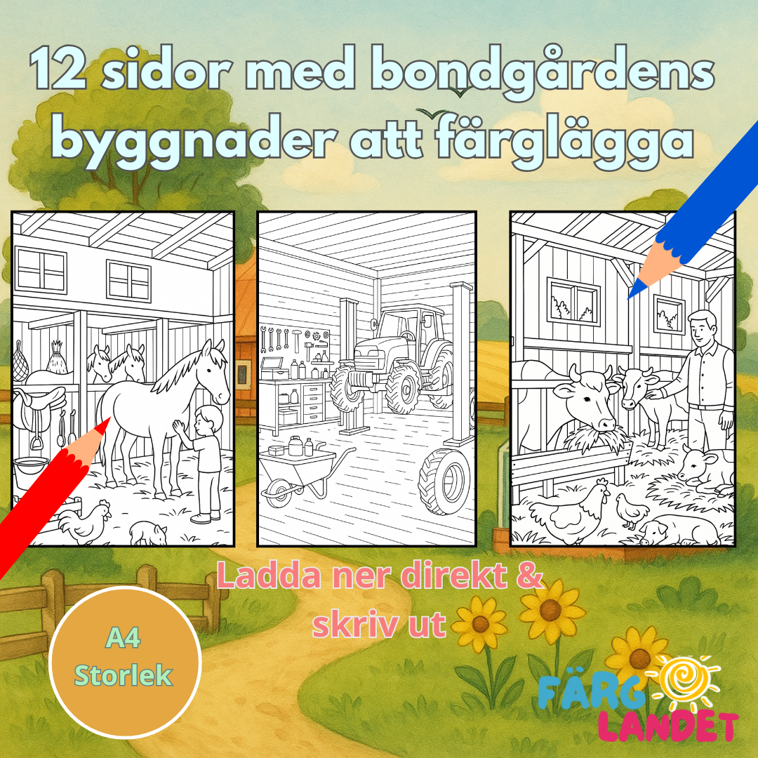 Bondgårdens byggnader | Digital målarbok med fakta