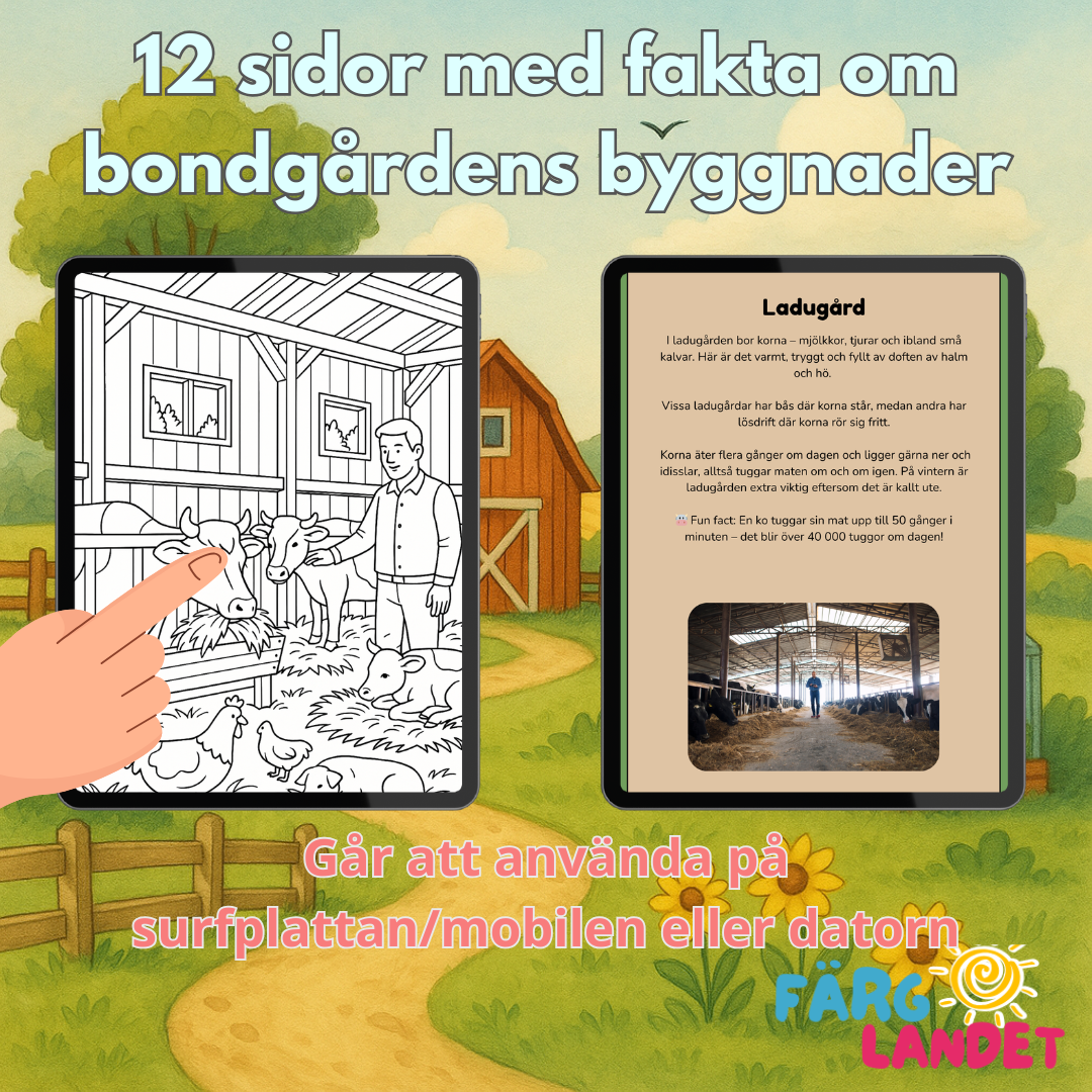 Bondgårdens byggnader | Digital målarbok med fakta