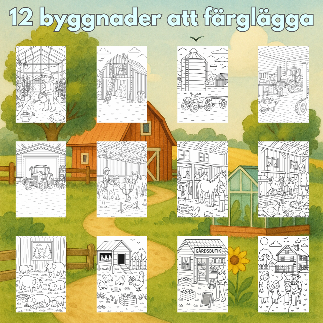 Bondgårdens byggnader | Digital målarbok med fakta